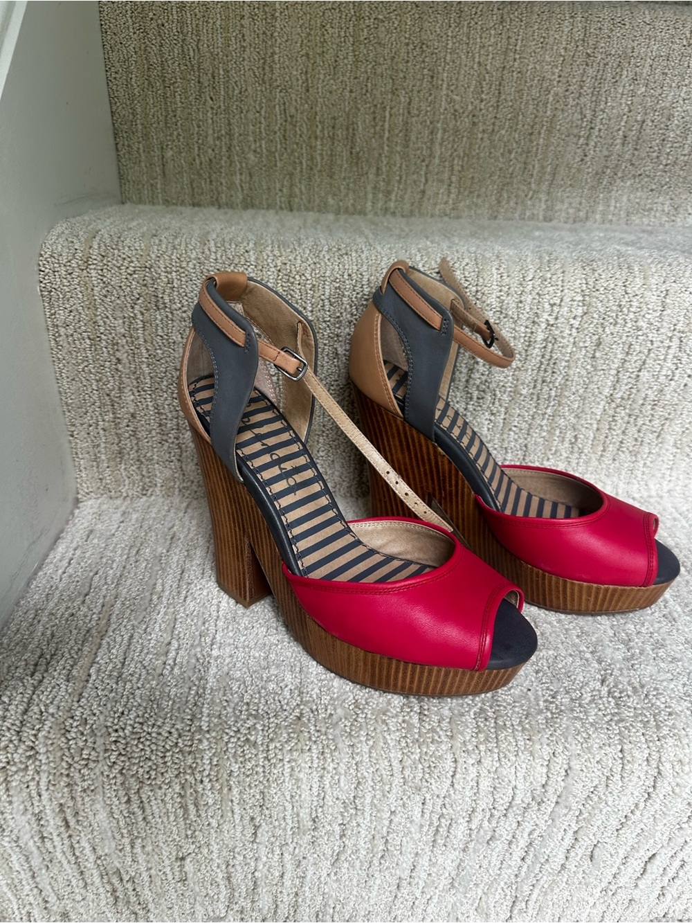 Splendid Red, Black and Tan Peep-Toe Platform Heels